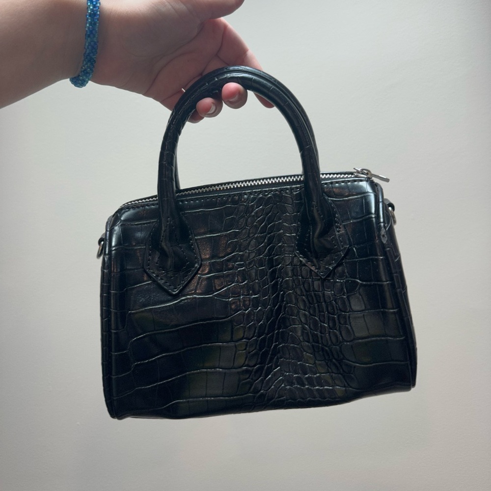 Faux Croc Mini Bowling Bag in Black